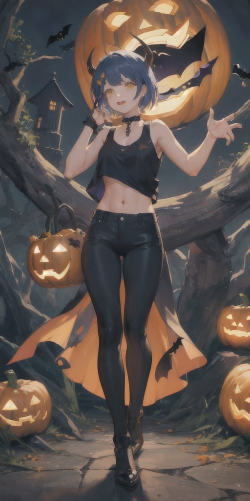 (masterpiece, sidelighting, beautiful eyes), cute, kawaii, (illustration), 1girl, standing, demon girl, (devil), ((red skin)), (red horn), black tank top, navy long pants, navel:0.6, full body, claw pose:1.2, devilish eyes, yellow eyes, short hair, blue hair, hair ornament, hair rings, hairclip, twin braids, , ((halloween)), (a jack o'lantern), outdoor