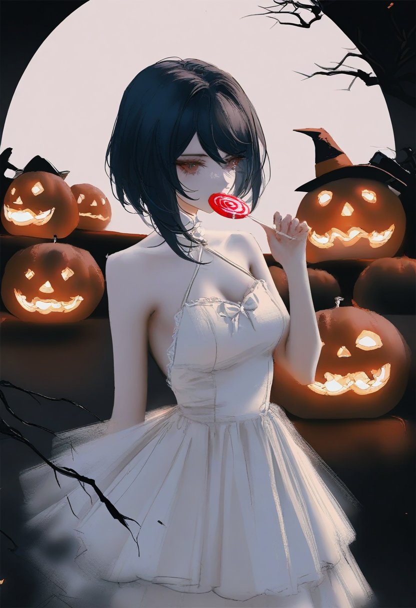 masterpiece, best quality, amazing quality, very aesthetic, absurdres, (big lollipop candy), 1girl, holding candy, vampire, white dress, kujou sara genshin impact, halloween,  nixeu, rella, nai3, cinematic