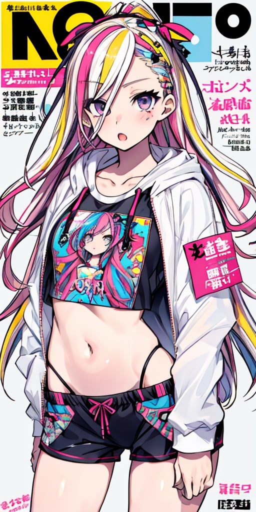 (masterpiece), (magazine cover, text), girl, bang over eyes, long hair, flowing hair, wavy hair, forehead, thin bangs, detailed background, (pop art, decora art style, doodle art), (hair accessories, ribbons), (cropped hoodie, shorts, midriff), accessories, body stickers, ((perfect legs, contrapposto)), ,, multicolored hair, streaked hair, mksks style, , sexy, (tired eyes, open mouth), dynamic angle,