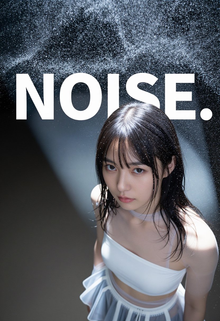 Create a cinematic shot of a young Japanese woman idol,  focusing on her face from an overhead perspective. Behind her hea...
