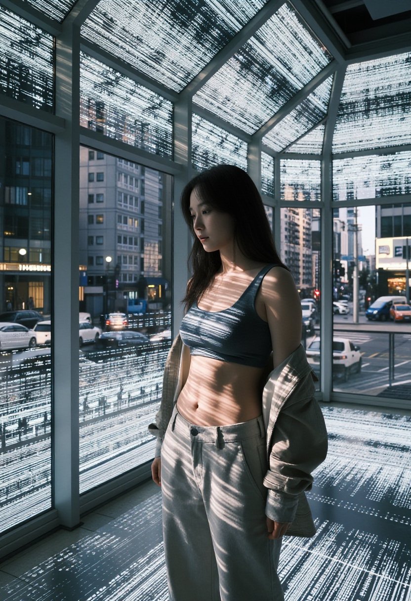 A cinematic shot of a Korean woman standing in a hyper-modern glass pavilion,  wearing a sleek,  asymmetrical athletic ban...