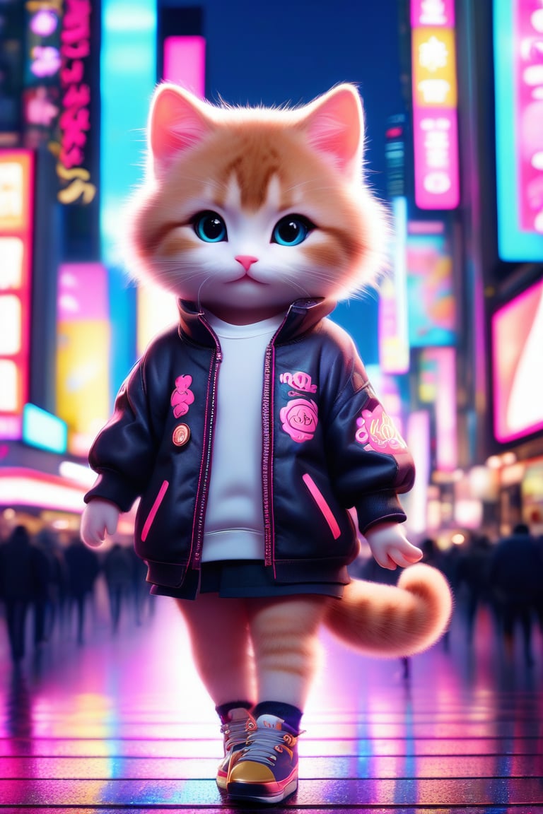 A captivating portrait of a sweet cat-girl standing at Shibuya's iconic scramble crossing. She wears an open jacket, showcasing her whimsical outfit. Her eyes sparkle as she savors the sweetness of Tenghulu candies, her paws delicately holding the treat. The vibrant Tokyo cityscape serves as a stunning backdrop, with neon lights and bustling energy reflecting off her fur. Framed by a bold, graphic composition, this captivating scene showcases the beauty of urban fantasy.