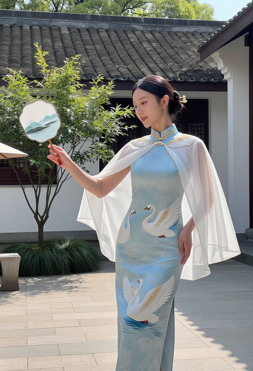 In a sun-drenched courtyard,  a woman wears a modern Cheongsam designed with swan motifs. The dress is made of pale blue b...