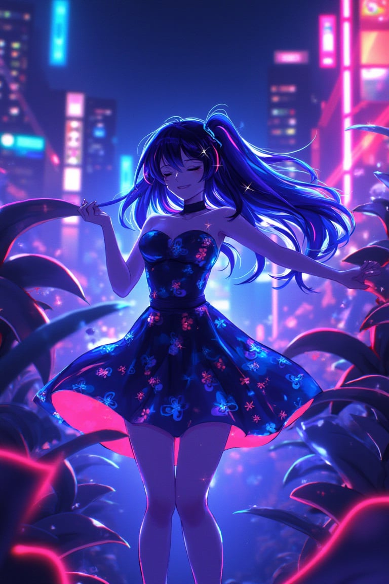 neon_glow, anime style of a woman in a floral dress, spinning in a neon-lit rooftop garden, her hair shimmering under the glowing leaves of cybernetic plants. Her peaceful smile contrasts with the vibrant, electric world around her.