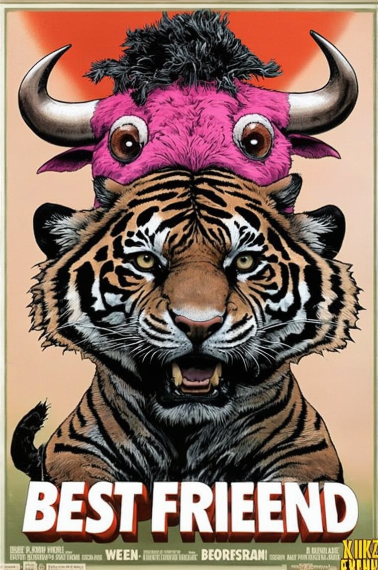 Horror Movie Poster that depicted Pink Buffallo and Black Tiger, a big text that read "BEST FRIEND" on front, contrast color