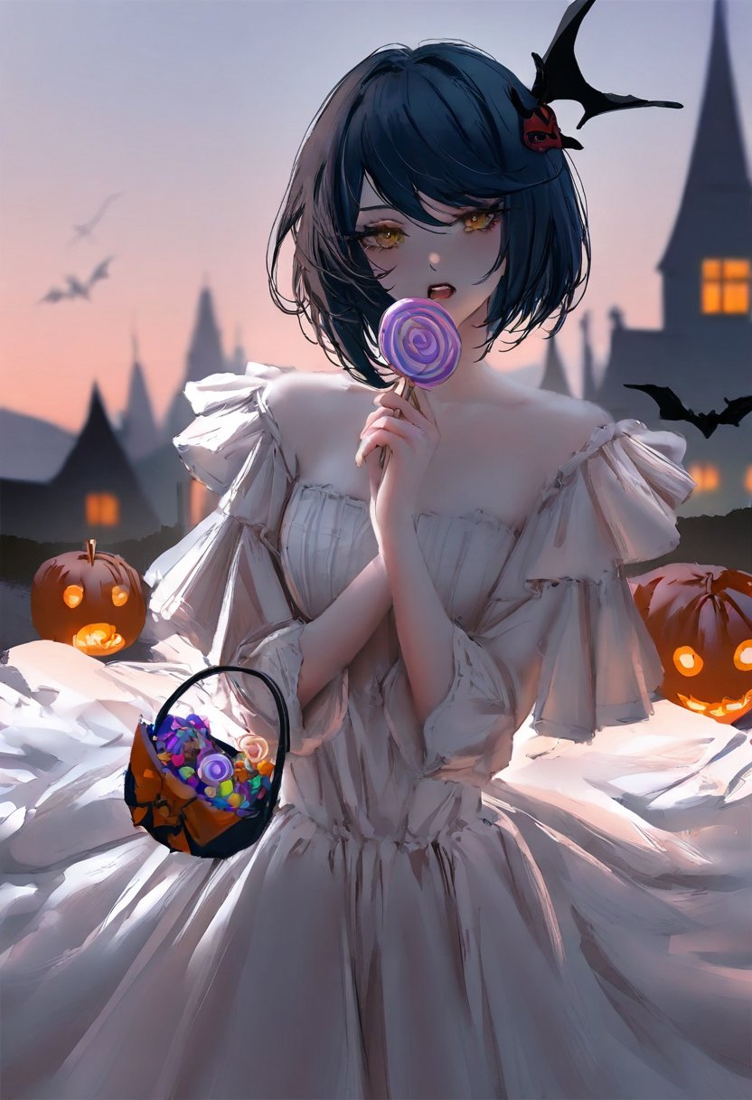 big lollipop candy, 1girl, white dress, kujou sara genshin impact, halloween,  nixeu, rella, nai3, cinematic, masterpiece, best quality, amazing quality, very aesthetic, absurdres