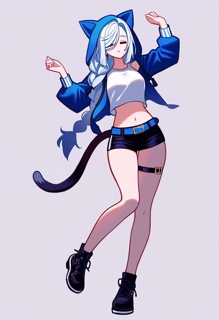 shenhe genshin impact,  braided hair, 1girl, solo, blue hood, cat hood, cat tail, navel, long hair, jacket, white shirt, shorts, navel, belt, thigh strap, dancing, white background, ultra-detailed , masterpiece , absolutely resolution, best quality, newest, =_=, chibi, full body