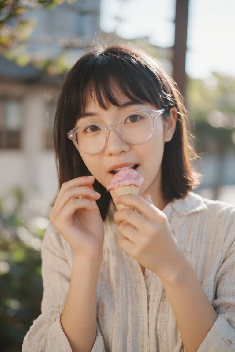 aesthetic shot of a serene Japanese woman,  with porcelain skin and subtle smile,  with transparent glasses by riiwa on Te...