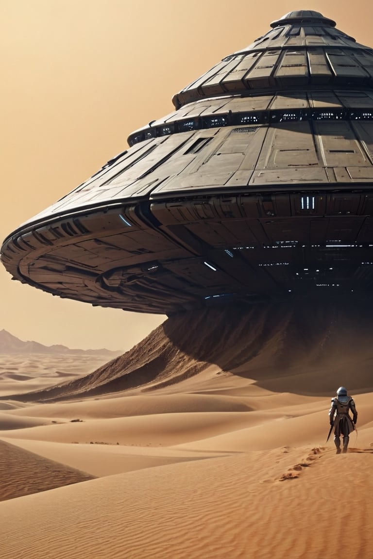 amazing quality, masterpiece, by nixeu, DUNE, desert, ex, sci-fi,Dune Style, "DUNE", massive spaceship, mecha, detailed artstyle, intricate poster