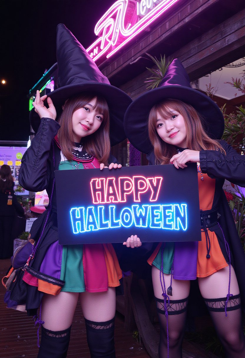 concept_art , two japanese woman wearing colorful witch  costume holding sign that says "HAPPY HALLOWEEN" , they are cheerful at night, glowing neon around them, depth