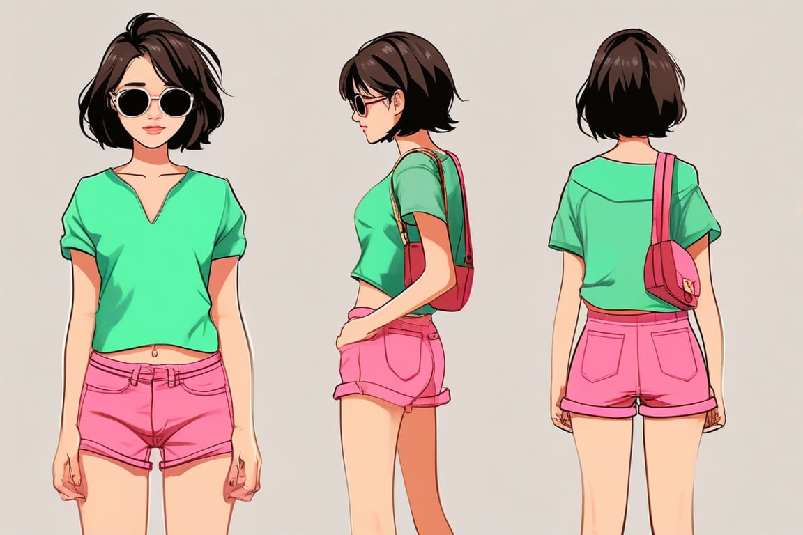 photography, character sheet of realistic cute girl in green crop top, short hair, open jacket, wearing sunglass, stylish, pink shorts, simple background, front , side, and behind