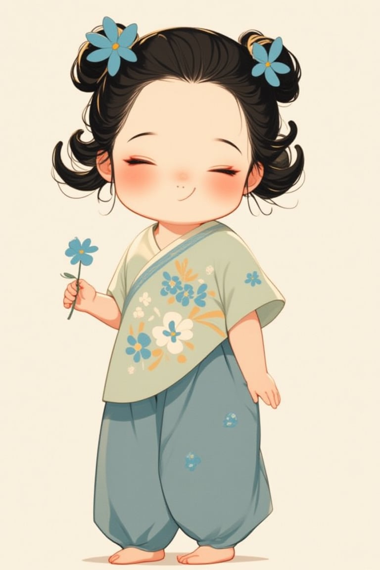 fluffy_cheek, happy girl with black hair in a double bun adorned with a blue flower, wearing a simple modern blouse with a traditional floral print and loose pants. She stands smiling with closed eyes, holding a small flower.