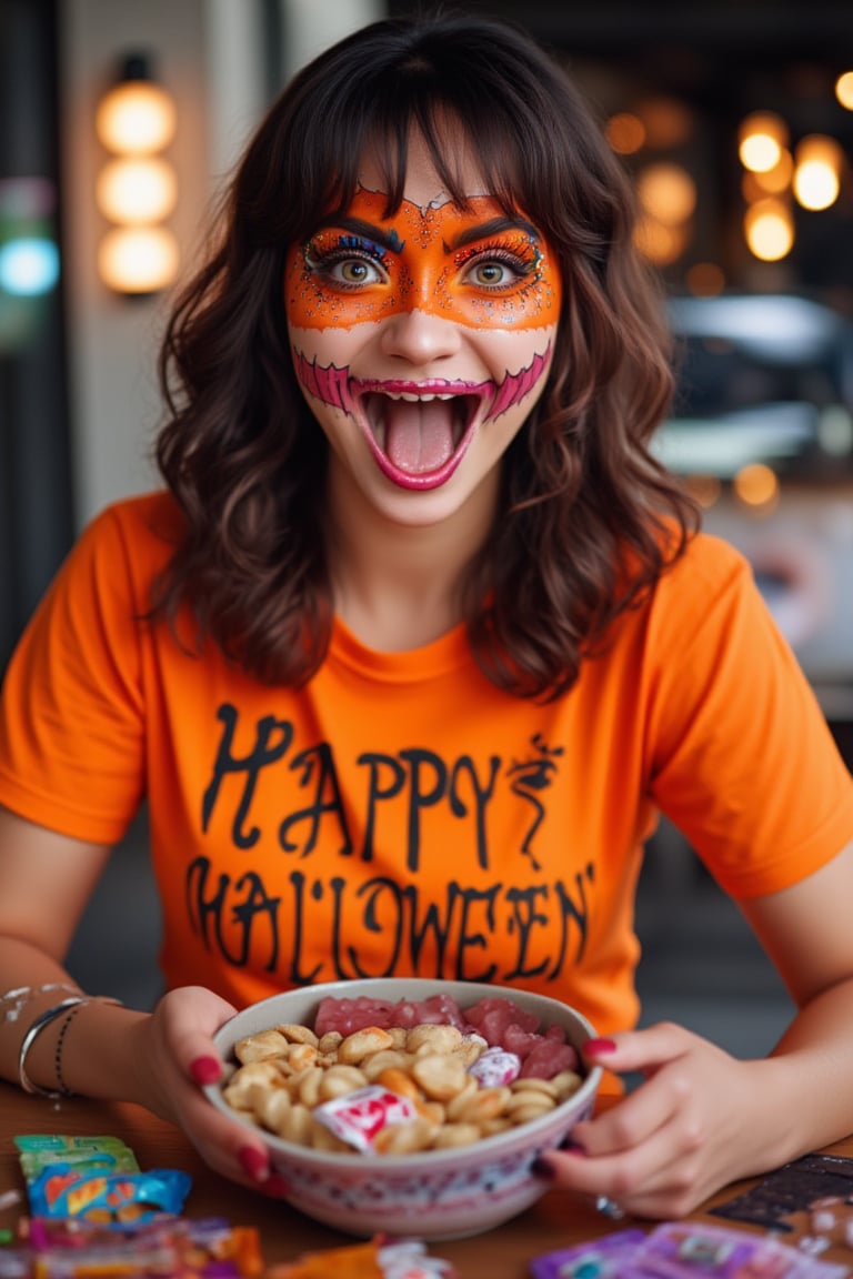 Halloween Facepaint. A playful Korean woman beams with excitement as she sports a vibrant Halloween face paint design, her eyes sparkling like jack-o'-lanterns. She wears a bright orange 'Happy Halloween' t-shirt, the bold graphics matching her lively mood. A bowl of colorful candies and trick-or-treat goodies surround her, enticing passersby to join in on the spooky-ooky fun