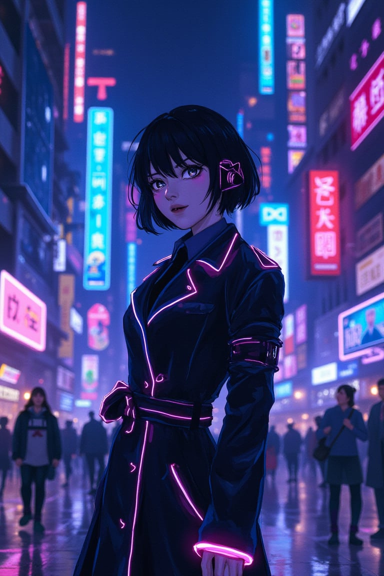 neon_glow, anime style of a woman in a neon-trimmed trench coat, standing still in a futuristic city plaza. Her piercing eyes glow as neon-clad pedestrians rush past her, the electric energy of the towering buildings lighting up the scene.