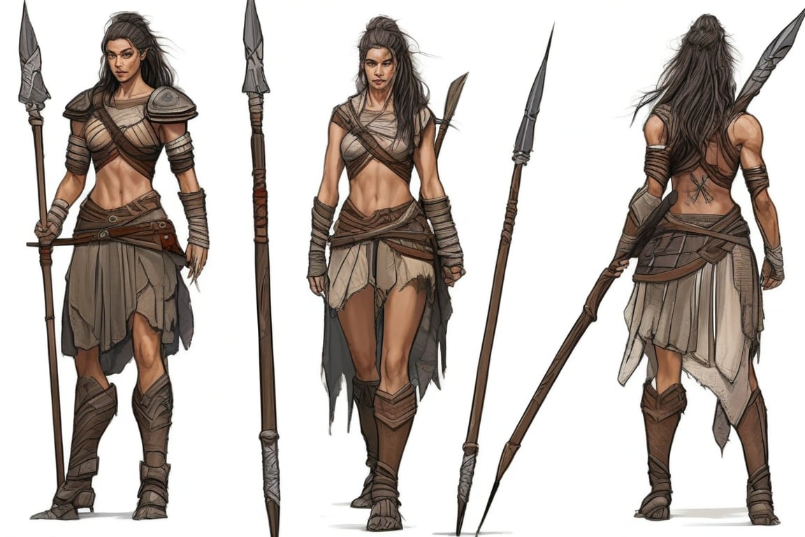 character sheet of beautiful warrior, epic scene holding spear, body full of scar, view from front, side, and behind, white background