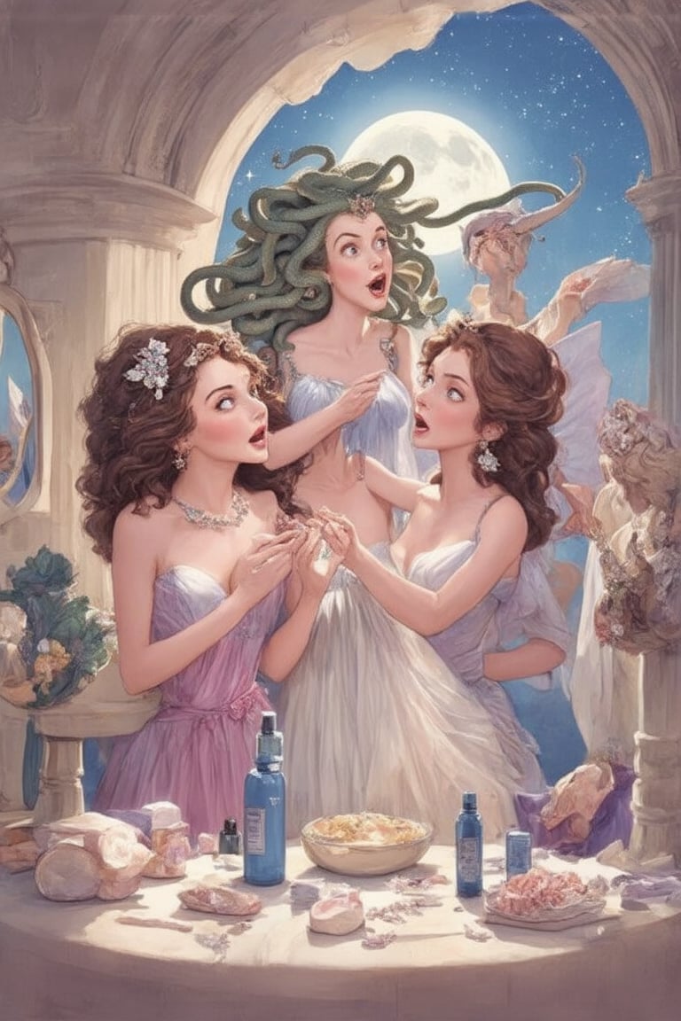 Pastel-colored, face-focused, detailed, fairy tale illustration of Medusa getting a glamorous makeover. Aphrodite and Hera assist with styling her snake hair, while Athena offers fashion advice. Medusa looks surprised and delighted by her transformation. The background is a lavish Greek palace filled with beauty products and mirrors. Perfect sky, moon, and shooting stars, with the moon subtly illuminating their faces. The mood is humorous and light-hearted, with soft pastel hues and a whimsical touch.
