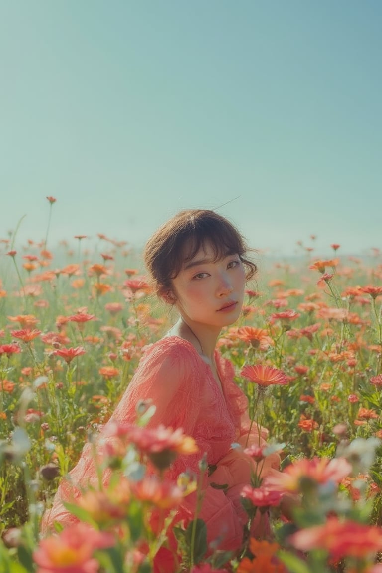 beautiful fashion_shot of korean woman in flower field, professional photo, cute