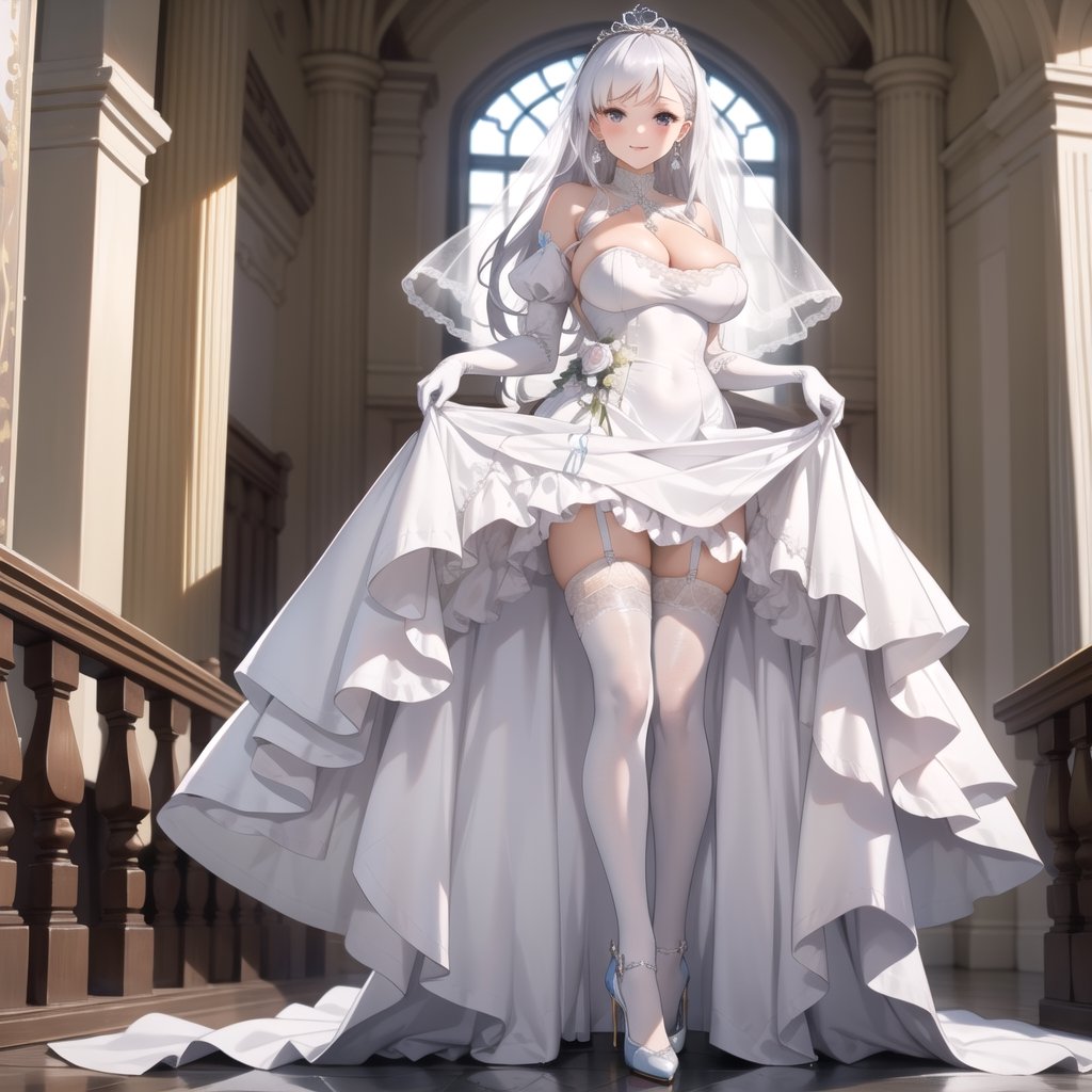 1girl, solo, masterpiece, best quality, colorful, ultrahighres, outside of castle,

full body, earrings, tiaras, huge breast, long hair, lacetrimmed legwear, frilled sleeves, crew neck, brooch, tiaras, stiletto heels, legwear garter, white thighhighs, elbow gloves, 

blush, smile, Skirt lift, 

wedding_dress, Crinoline Dress, aabelfast, white dress, ,Bridal Dress