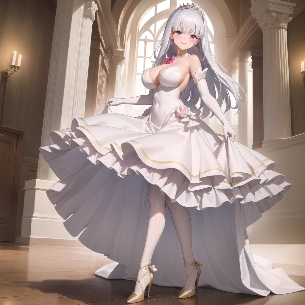 1girl, solo, masterpiece, best quality, colorful, ultrahighres, full body, Beautiful and delicate eyes, garden,

earrings, tiaras, huge breast, long hair, lacetrimmed legwear, frilled sleeves, crew neck, brooch, tiaras, stiletto heels, legwear garter, white thighhighs, elbow gloves, 

blush, seductive_smile, 

white dress, Bridal Dress, fodress,aabelfast,Crinoline Dress,WEDDING_DRESS,aakama