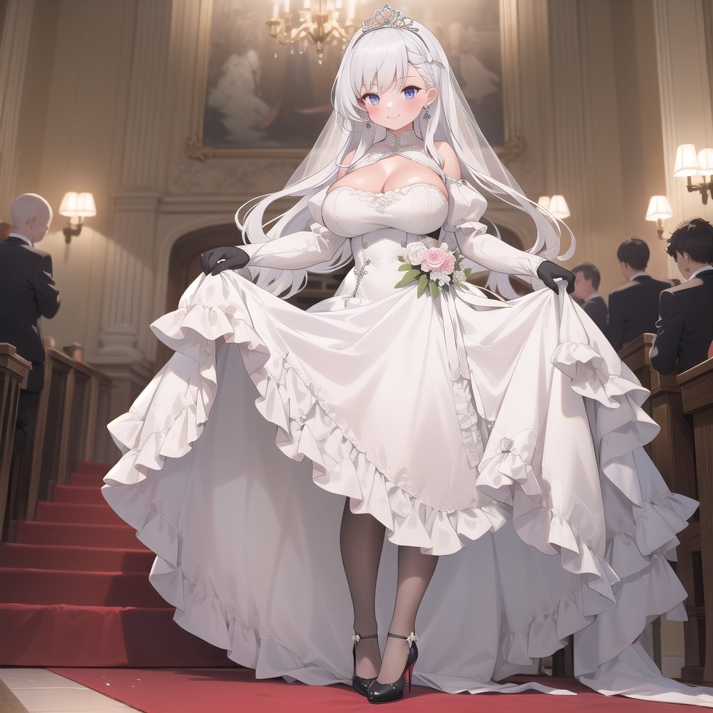 1girl, solo, masterpiece, best quality, colorful, ultrahighres, castle,

full body, earrings, tiaras, huge breast, long hair, lacetrimmed legwear, frilled sleeves, crew neck, brooch, tiaras, stiletto heels, legwear garter, white thighhighs, elbow gloves, 

blush, smile, Skirt lift, 

wedding_dress, Crinoline Dress, aabelfast, white dress, 