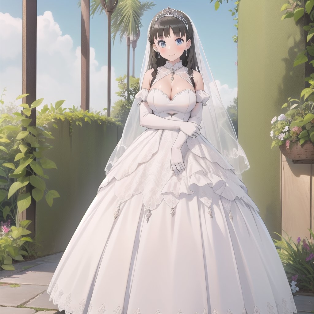 1girl, solo, masterpiece, best quality, colorful, ultrahighres, garden,

full body, earrings, tiaras, huge breast, very long hair, lacetrimmed legwear, frilled sleeves, crew neck, brooch, tiaras, stiletto heels, legwear garter, white thighhighs, elbow gloves, 

blush, smile, 

wedding_dress, Crinoline Dress,aabelfast, long hair,ojou