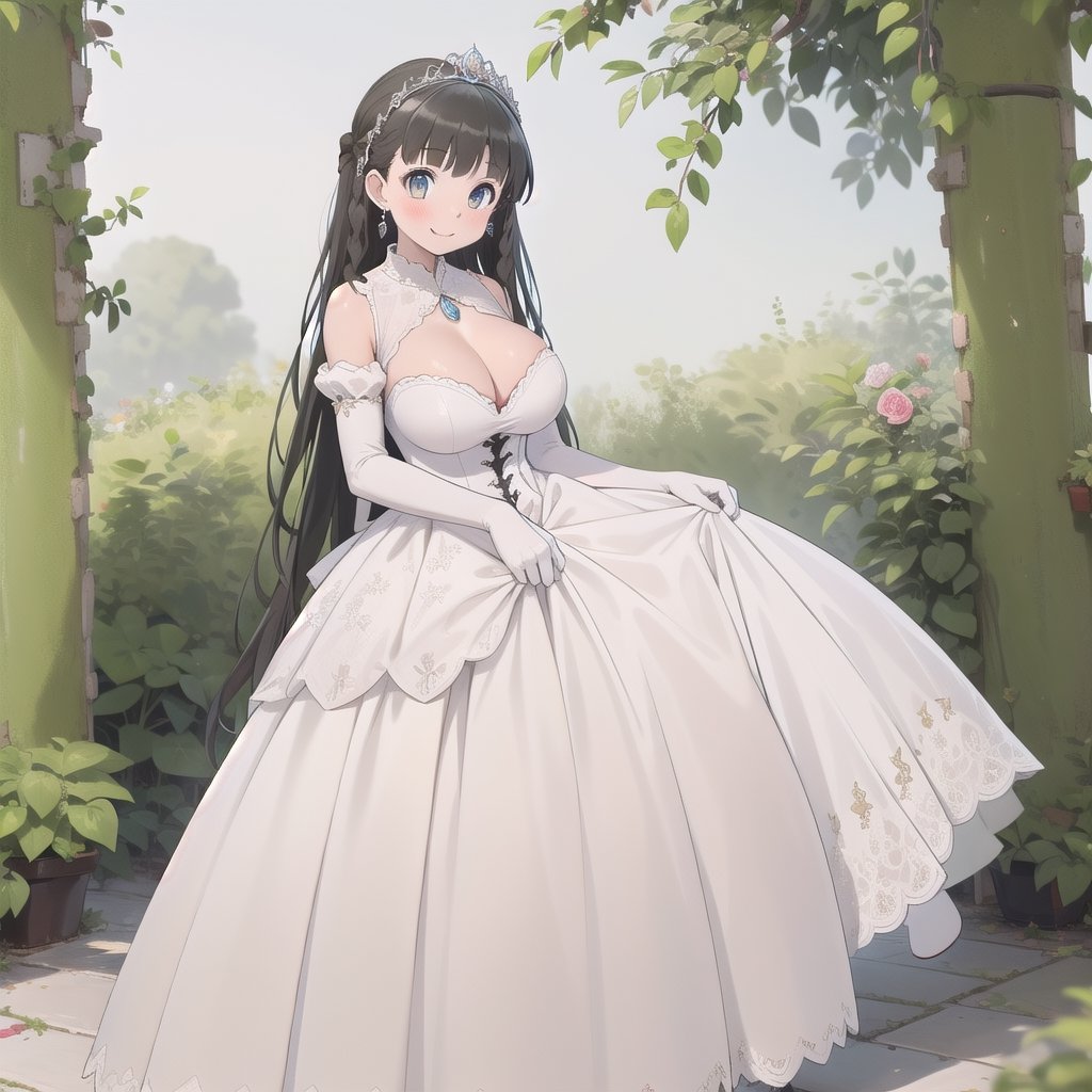 1girl, solo, masterpiece, best quality, colorful, ultrahighres, garden,

full body, earrings, tiaras, huge breast, very long hair, lacetrimmed legwear, frilled sleeves, crew neck, brooch, tiaras, stiletto heels, legwear garter, white thighhighs, elbow gloves, 

blush, smile, 

wedding_dress, Crinoline Dress,aabelfast, long hair,ojou