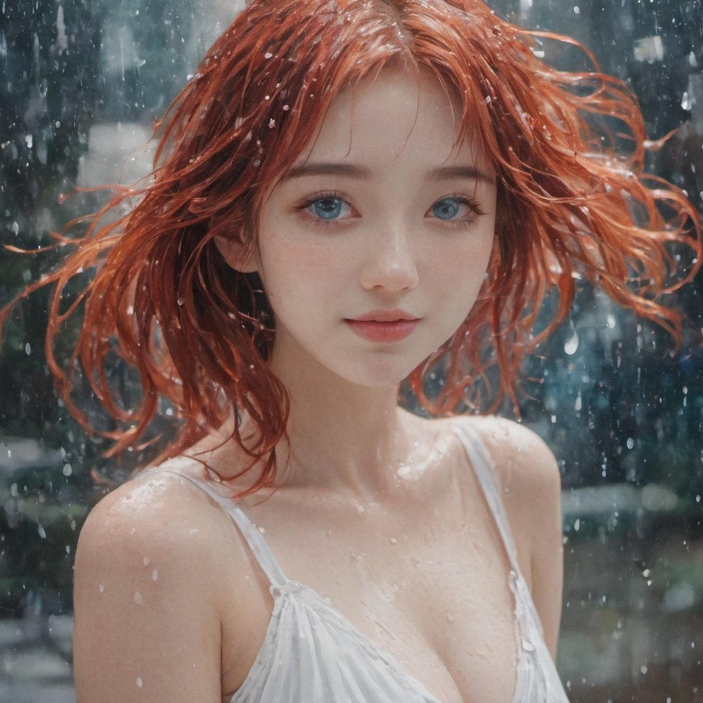 A water color of close up model's face, Red hair and blue eyes, raindrops as foreground, a wet look, small smile, white dress, anime art, long hair, fickle face, perfect full body, huge breast,  nipples, white panties, perfect anatomy, wet to wet background technique by Misilbu. hyper 8K detailed painting, 8k resolution concept art portrait by Greg Rutkowski Artgerm WLOP Alphonse Beeple Caravaggio, muted colors, watercolor style, bokeh, lens f1.0,b3rli