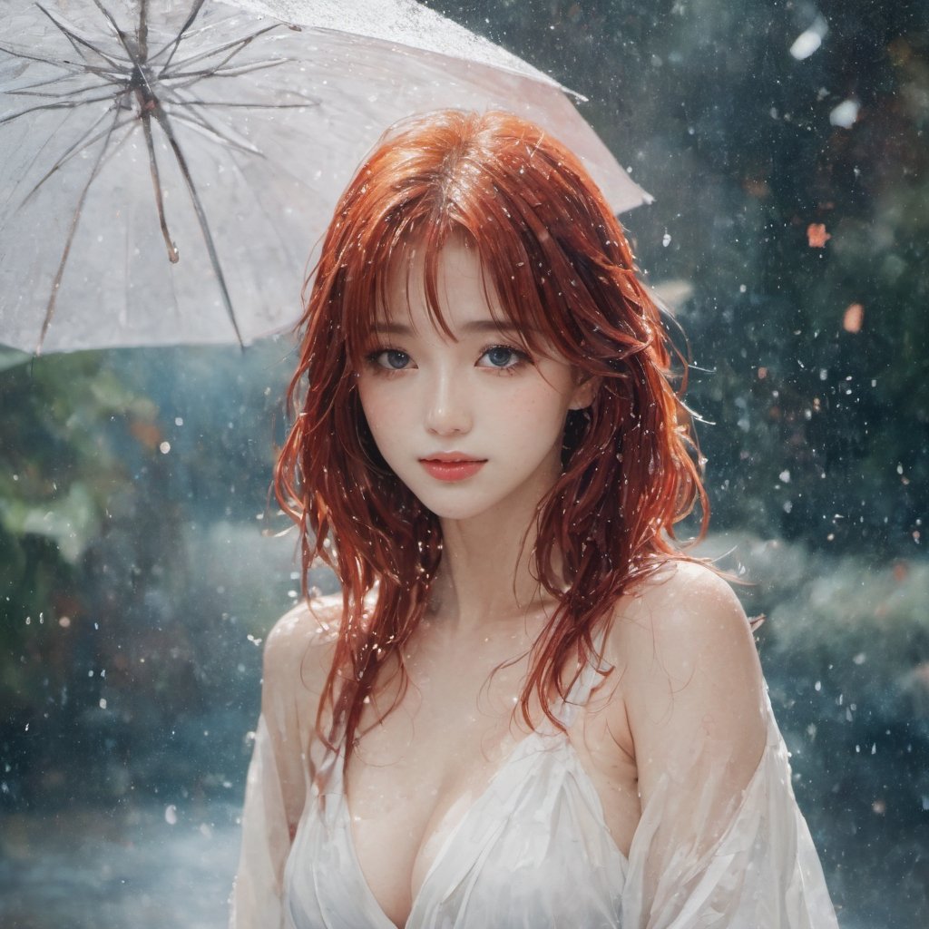 A water color of model's face, Red hair and blue eyes, raindrops as foreground, a wet look, small smile, white dress, anime art, long hair, fickle face, perfect full body, huge breast, perfect woman body shape, ipples, white panties, perfect anatomy, wet to wet background technique by Misilbu. hyper 8K detailed painting, 8k resolution concept art portrait by Greg Rutkowski Artgerm WLOP Alphonse Beeple Caravaggio, muted colors, watercolor style, bokeh, lens f1.0,b3rli