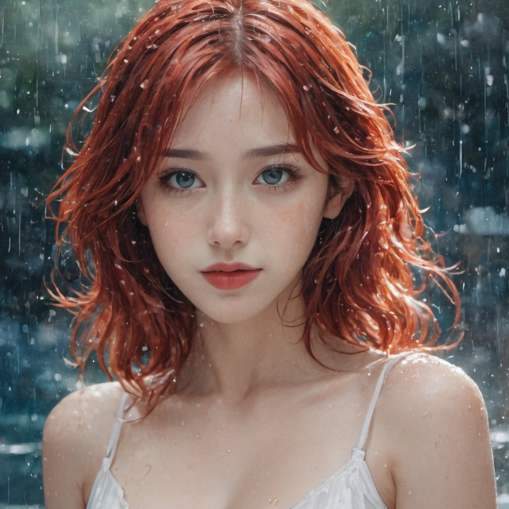 A water color of close up model's face, Red hair and blue eyes, raindrops as foreground, a wet look, small smile, white dress, anime art, long hair, fickle face, perfect full body, huge breast,  nipples, white panties, perfect anatomy, wet to wet background technique by Misilbu. hyper 8K detailed painting, 8k resolution concept art portrait by Greg Rutkowski Artgerm WLOP Alphonse Beeple Caravaggio, muted colors, watercolor style, bokeh, lens f1.0,b3rli