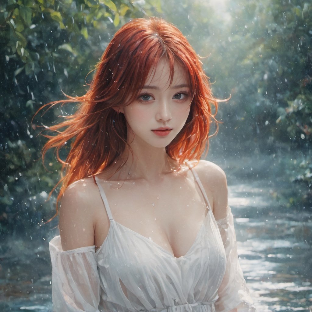 A water color of model's face, Red hair and blue eyes, raindrops as foreground, a wet look, small smile, white dress, anime art, long hair, fickle face, perfect full body, huge breast,  nipples, white panties, perfect anatomy, wet to wet background technique by Misilbu. hyper 8K detailed painting, 8k resolution concept art portrait by Greg Rutkowski Artgerm WLOP Alphonse Beeple Caravaggio, muted colors, watercolor style, bokeh, lens f1.0,b3rli