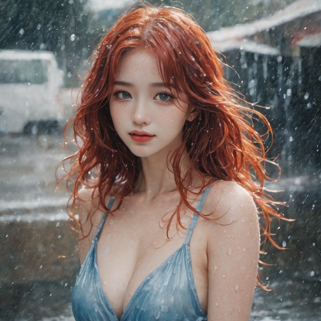 A water color of model's face, Red hair and blue eyes, raindrops as foreground, a wet look, small smile, naked, anime art, long hair, fickle face, perfect full body, huge breast, perfect woman body shape, ipples, white panties, perfect anatomy, wet to wet background technique by Misilbu. hyper 8K detailed painting, 8k resolution concept art portrait by Greg Rutkowski Artgerm WLOP Alphonse Beeple Caravaggio, muted colors, watercolor style, bokeh, lens f1.0,b3rli