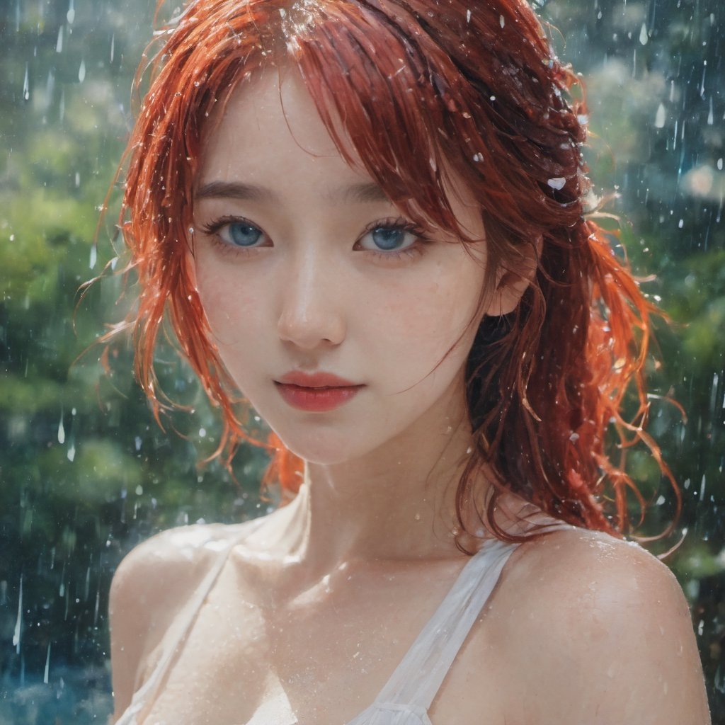 A water color of model's face, Red hair and blue eyes, raindrops as foreground, a wet look, small smile, white dress, anime art, long hair, fickle face, perfect full body, huge breast,  nipples, white panties, perfect anatomy, wet to wet background technique by Misilbu. hyper 8K detailed painting, 8k resolution concept art portrait by Greg Rutkowski Artgerm WLOP Alphonse Beeple Caravaggio, muted colors, watercolor style, bokeh, lens f1.0,b3rli