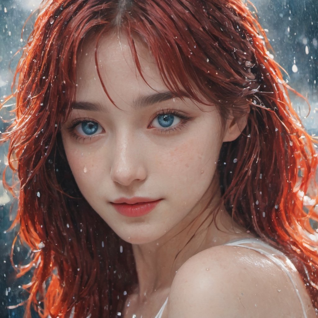 A water color of close up model's face, Red hair and blue eyes, raindrops as foreground, a wet look, small smile, white dress, anime art, long hair, fickle face, upper body, big breast, perfect anatomy, wet to wet background technique by Misilbu. hyper 8K detailed painting, 8k resolution concept art portrait by Greg Rutkowski Artgerm WLOP Alphonse Beeple Caravaggio, muted colors, watercolor style, bokeh, lens f1.0,b3rli