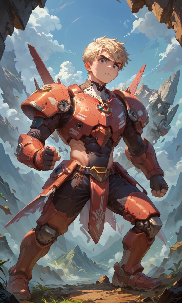 Score_9 score_8_up score_6_up score_8_up score_7_up score_6_up score_5_up, 1boy, solo, shota, handsome, chiseled jawline, masterpiece, smooth skins, oiled skins, BREAK, mecha armor, bangs, male focus, stunning, BREAK, standing, fighting stance, looking at the viewer, BREAK, white balance, epic background, fixed color, fixed lights on his skins, outdoor, mountain, Expressiveh,concept art,dark theme,more detail XL,score_9, score_8_up, score_7_up,rating_explicit,Extremely Realistic,score_9, score_8_up, score_7_up, BREAK,source_anime,CuteCartoonAF,Cute Cartoon