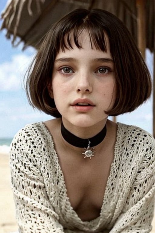 Hermoso rostro, 8k, HDR, obra maestra, hiperrealista, Natalie Portman como Matilda, una adolescente de 18 años de la película "Leon the profi", Matilda, Natalie Portman como Matilda, una adolescente de 15 años con un cuerpo caliente de la película "Leon the profi ",Matilda, vista de cuerpo completo, (fondo de playa) caminando desnuda de pechos grandes.