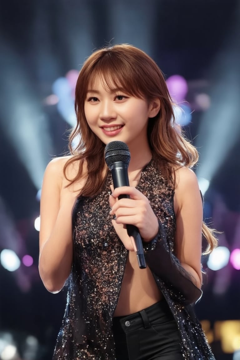 A glamorous K-pop star stands center stage, exuding elegance and charm. The scene is set in a grand concert hall, with spotlights creating a dramatic effect, highlighting her flawless makeup and luxurious attire. She poses with a confident smile, holding a microphone, her posture reflecting poise and sophistication. The background is filled with vibrant, colorful lights, enhancing the atmosphere of a high-energy performance. The composition captures her star power and the electrifying ambiance of a K-pop concert.