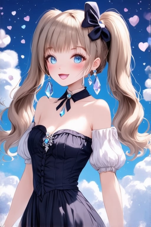 1 girl, solo, long hair, twin tail hairstyle, looking at viewer, blush, bangs, hair accessory, jewels, blue eyes, light brown wavy hair, ribbon, bow, earrings, medium bust,woman, off shoulder, gothic outfit, open lips, blurry, ((masterpiece)), excellent quality, light particles, fluffy clouds, hearts, ((stunning images: 1.3)), ((crystals in the air: 1)), detailed, detailed masterpiece, anime art style. , ek_real_b00ster, ek_ani_b00ster
sexy,naked_shirt