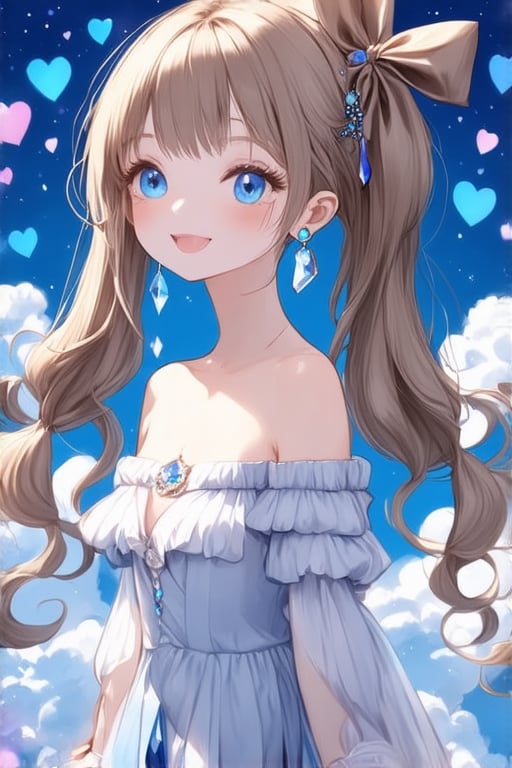 1 girl, solo, long hair, twin tail hairstyle, looking at viewer, blush, bangs, hair accessory, jewels, blue eyes, light brown wavy hair, ribbon, bow, earrings, medium bust,woman, off shoulder, gothic outfit, open lips, blurry, ((masterpiece)), excellent quality, light particles, fluffy clouds, hearts, ((stunning images: 1.3)), ((crystals in the air: 1)), detailed, detailed masterpiece, anime art style. , ek_real_b00ster, ek_ani_b00ster
sexy,naked