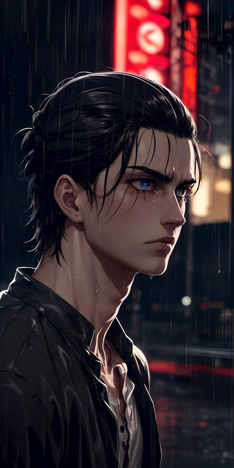 (neon lights, red light), night, rain, wet hair, ((rain drops on his face)), (looking to the sky), melancholic, extremely detailed, perfect composition, masterpiece 8k wallpapper,1male,Eren Jaeger, black hair, scars below the eyes 