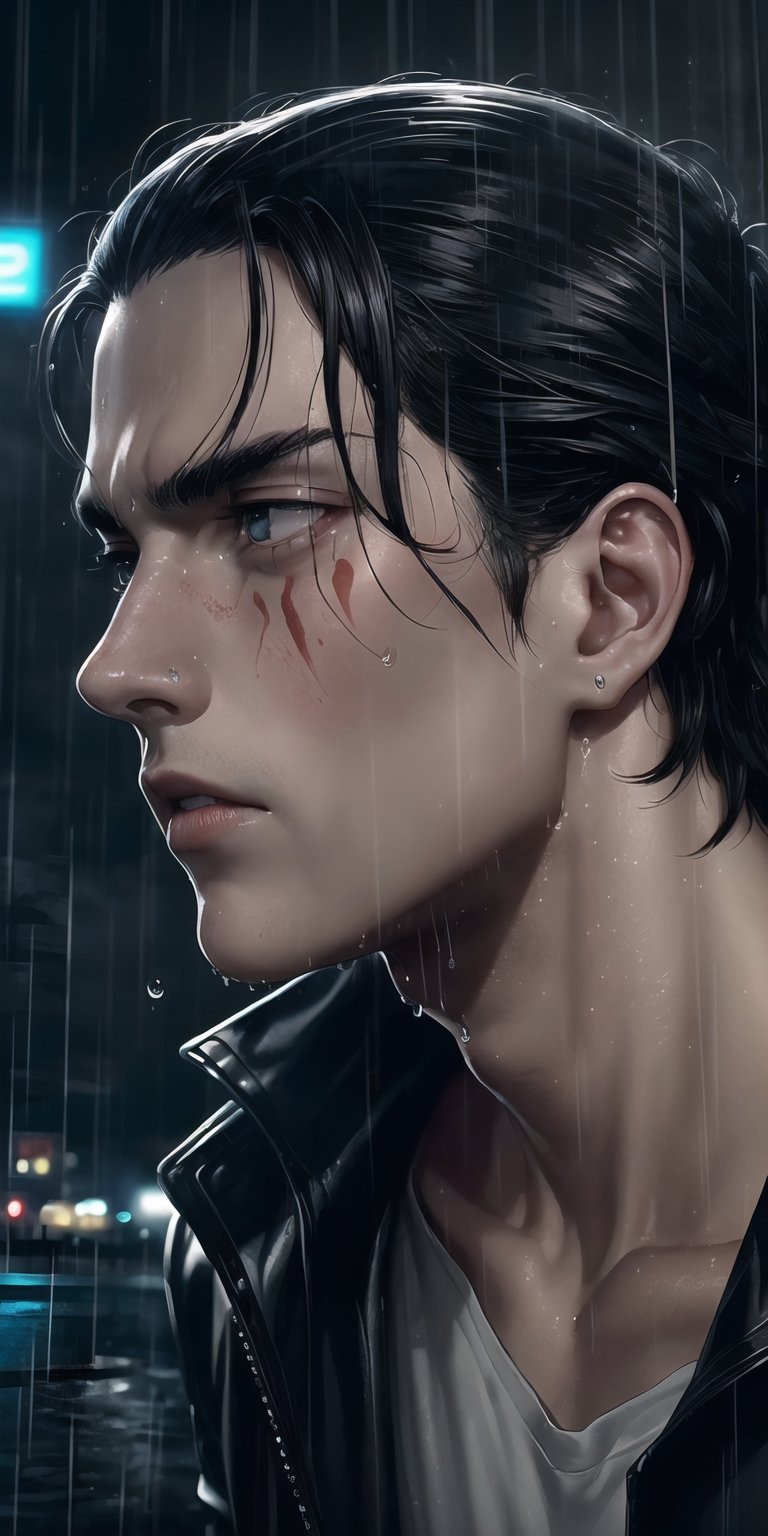 (neon lights, red light), night, rain, wet hair, ((rain drops on his face)), (looking to the sky), melancholic, extremely detailed, perfect composition, masterpiece 8k wallpapper,1male,Eren Jaeger, black hair, scars below the eyes 