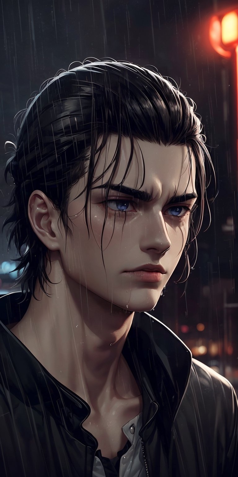 (neon lights, red light), night, rain, wet hair, ((rain drops on his face)), (looking to the sky), melancholic, extremely detailed, perfect composition, masterpiece 8k wallpapper,1male,Eren Jaeger, black hair, scars below the eyes 