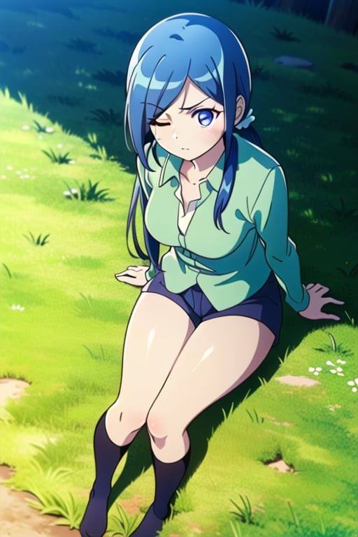 ((masterpiece, best quality)), (1girl), Blue hair , long hair, low twintails, one eye closed, scar across eye, scar on face, ((green semiopen shirt)), short shorts, solo, purple eyes, hair over one eye, kneehighs, (thick thighs), serious, breast, outdoors, sitting,  view from above, nice legs, long sleeves