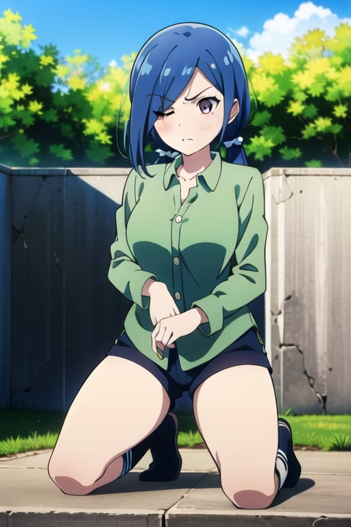 ((masterpiece, best quality)), (1girl), Blue hair , long hair, low twintails, one eye closed, scar across eye, scar on face, ((green semiopen shirt)), short shorts, solo, purple eyes, hair over one eye, kneehighs, (thick thighs), serious, breast, outdoors, kneeling, nice legs, long sleeves