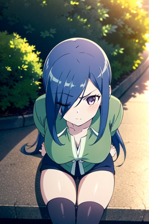 ((masterpiece, best quality)), (1girl), Blue hair , long hair, low twintails, one eye closed, scar across eye, scar on face, ((green semiopen shirt)), short shorts, solo, purple eyes, hair over one eye, kneehighs, (thick thighs), serious, breast, outdoors, sitting,  view from above, nice legs, long sleeves