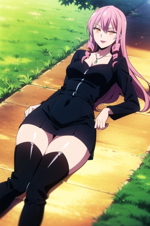 ((masterpiece, best quality)), pink hair, ((minidress)), solo, orange eyes, (thick legs), smug, isukeinukai, outdoors, thigh boots, (painted lips), restaurant, lying on back, necklace, black dress, black boots,  