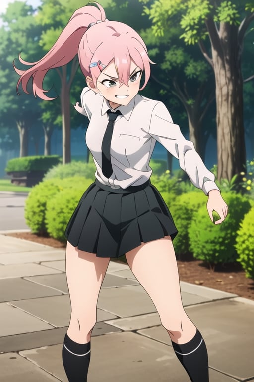 ((masterpiece, best quality)), benisumomo, brown eyes, 1girl, solo, pink hair, long hair,  (breasts),  kneehighs, (white shirt, long sleeves, tie, open neck), hairclip, hair between eyes, thick thighs, black skirt, eyelashes, outdoors,((smug)), fighting pose, (ponytail, alternate hairstyle), pleated skirt, leg up