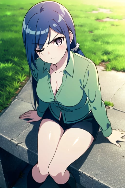 ((masterpiece, best quality)), (1girl), Blue hair , long hair, low twintails, one eye closed, scar across eye, scar on face, ((green semiopen shirt)), short shorts, solo, purple eyes, hair over one eye, kneehighs, (thick thighs), serious, breast, outdoors, sitting,  view from above, nice legs, long sleeves