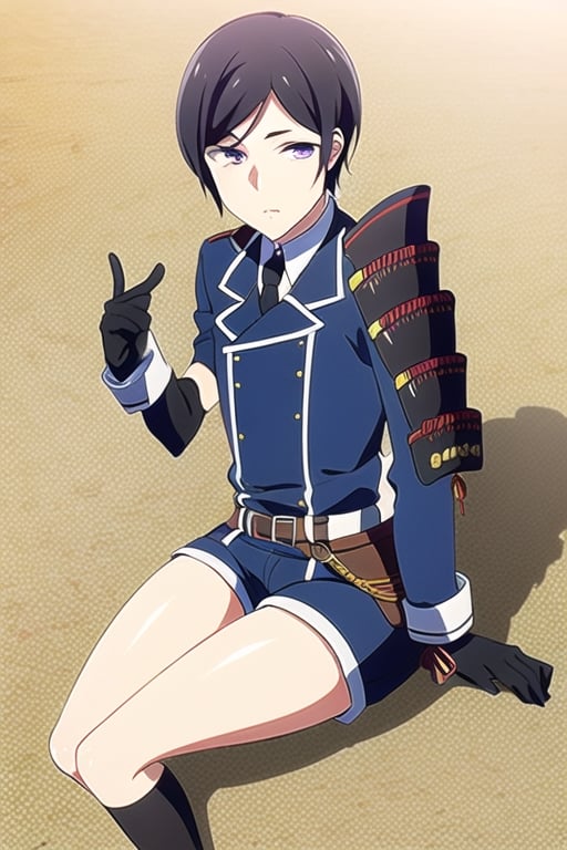 masterpiece, Best Quality, 1boy, black gloves, black hair, black socks, gloves, japanese armor, kneehighs, military uniform, necktie, purple eyes, shorts, shoulder armor, socks, solo, thick thighs 