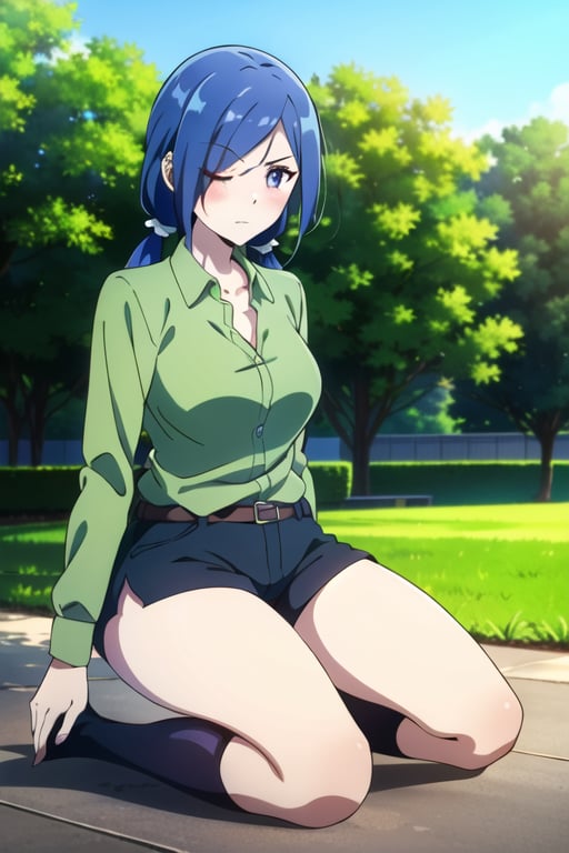 ((masterpiece, best quality)), (1girl), Blue hair , long hair, low twintails, one eye closed, scar across eye, scar on face, ((green semiopen shirt)), short shorts, solo, purple eyes, hair over one eye, kneehighs, (thick thighs), serious, breast, outdoors, kneeling, nice legs, long sleeves