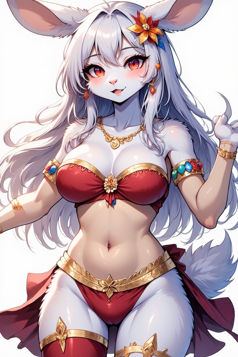  score_9, score_8_up, score_7_up, AFG furry anthro rabbit girl stands boldly, embracing her unique identity as a belly dancer, source_furry, simple background, sexy, belly dancer outfit, navel, belly, narrow waist, masterpiece, best quality, close up on belly, bely focus, belly shot, head out of frame, detailed stomach,